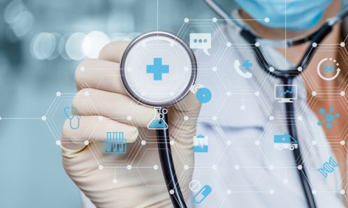 Medical care concept. Doctor listen to virtual screen with medical icons structure.